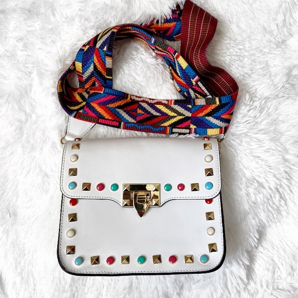 White studded crossbody shoulder leather bag - Picture 2 of 5